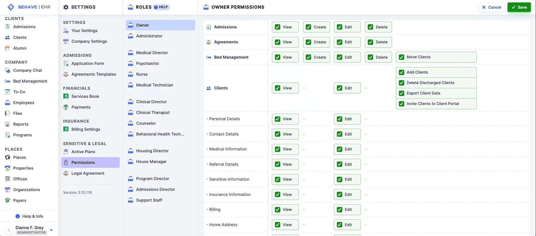 Behave EHR Owner Permissions matrix — Admissions, Agreements, Bed Management, and Clients rows with View / Create / Edit / Delete toggles and a role list (Owner, Administrator, Medical Director, Psychiatrist, Nurse, Clinical Director, Therapist, Counselor, Housing Director, Program Director, Support Staff)