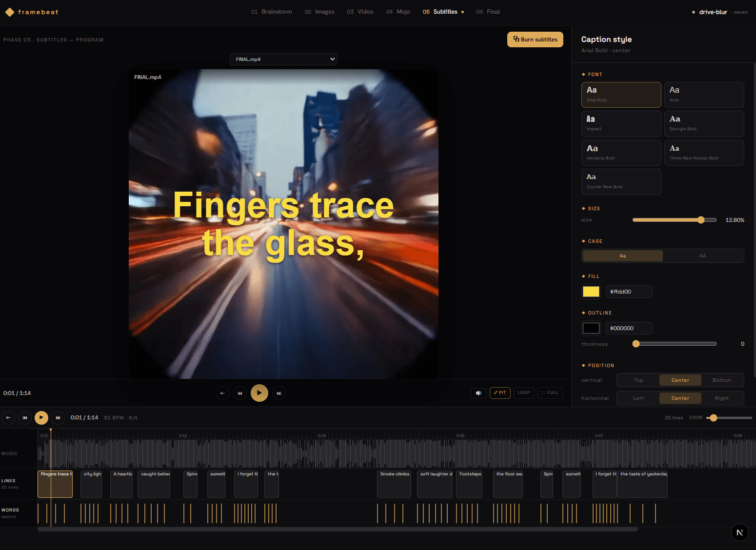 framebeat — Lyrics aligned to the audio and burned in